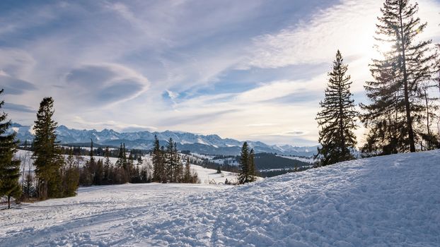 Panoramic winter landscape of High Tatra Mountains on the Polish-Slovak border