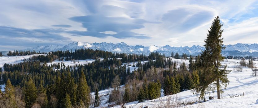 Panoramic winter landscape of High Tatra Mountains on the Polish-Slovak border