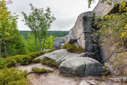 Huge rocks at red mountain trail to Szrenicka Hall near Szklarska Poreba, Poland