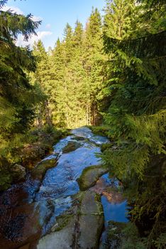 Waterfall edge on Kamienczyk river in Giant Mountains near Szklarska Poreba, Poland