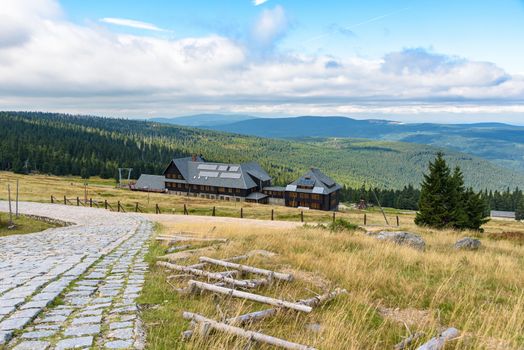 Summer view of mountain shelter at Hala Szrenicka in Giant Mountains near Szklarska Poreba in Poland