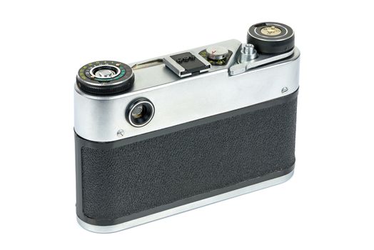 Rear view of vintage analog camera isolated on white background with clipping path