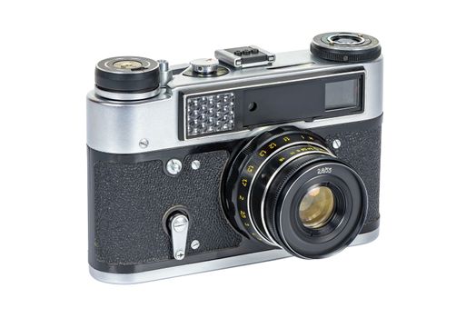 Front view of vintage analog camera isolated on white background with clipping path