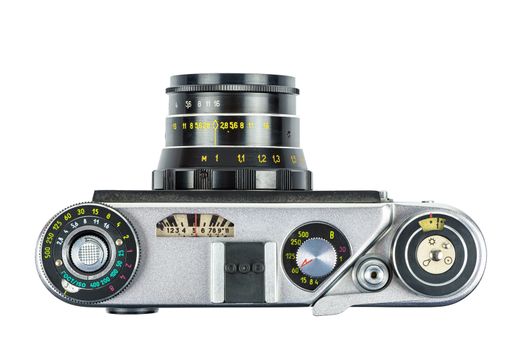 Top view of vintage analog camera isolated on white background with clipping path