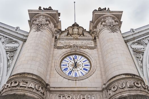 Tours, France - February 8, 2020: architectural detail of the Tours train station in the city center on a winter day