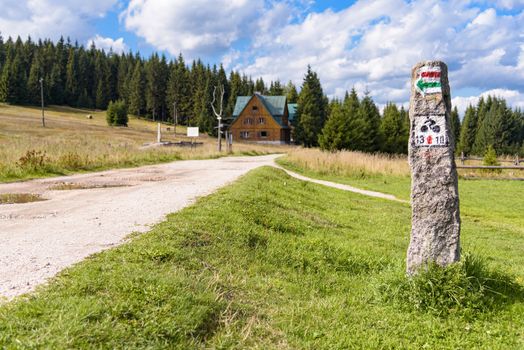 Sign of bike trail in Jizera Mountains in Poland