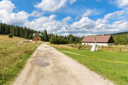 Houses of the old settlement of Orle in the Jizera Mountains in Poland