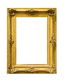 Portrait golden decorative picture frame isolated on white background with clipping path