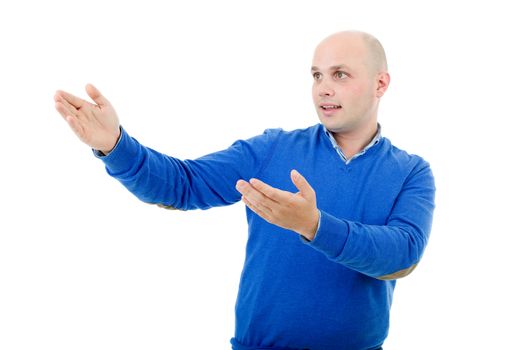 young man pointing to his side, isolated on white background