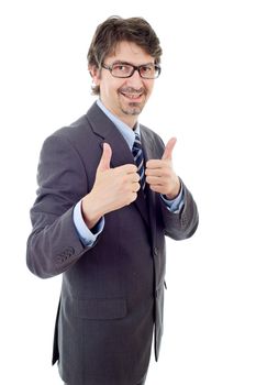 young business man going thumb up, isolated on white