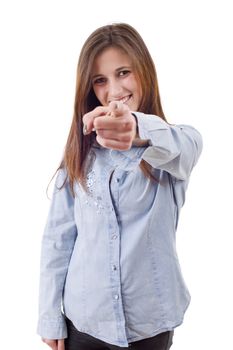 young casual beautiful woman pointing, isolated in white