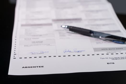 Morgantown, WV - 21 May 2020: West Virginia state primary election absent ballot form with focus on the word Absentee