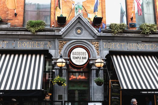 Dublin Ireland - February 16, 2019: Architecture detail of the BadBobs Irish pub in the famous Temple Bar district on a winter day