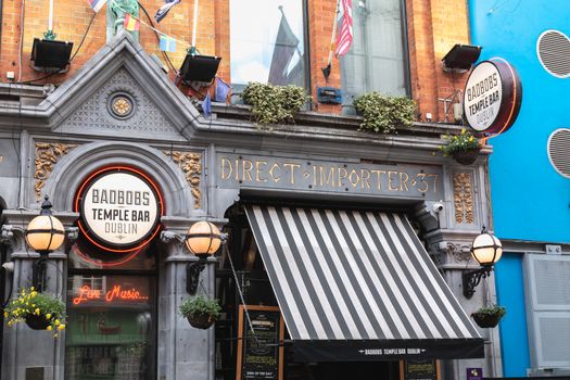 Dublin Ireland - February 16, 2019: Architecture detail of the BadBobs Irish pub in the famous Temple Bar district on a winter day