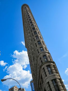 An angled shot of the Flatiron Building in New York City