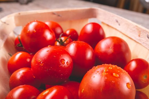 ripe tomatoes in a small wooden crate in studio