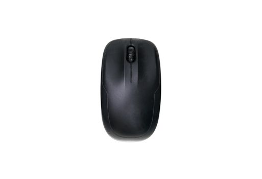 Top view of black computer mouse isolated on white background.