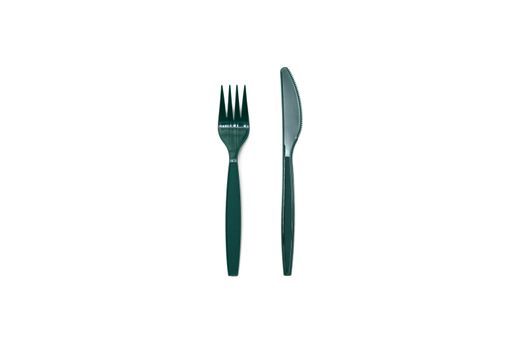 Green plastic knife and fork isolated on white background.