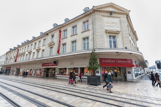 Tours, France - February 8, 2020: View of the facade of the luxury store Galeries Lafayette in the historic city center on a winter day