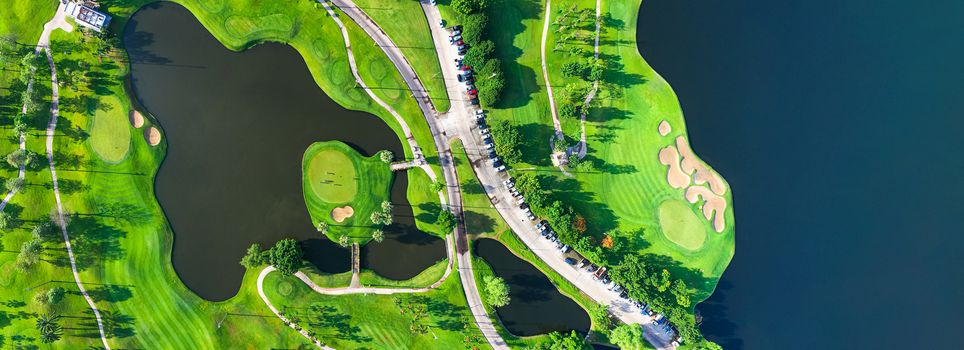 Aerial view of golf field landscape with sunrise view in the morning shot. Bangkok Thailand