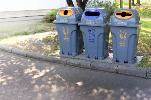 Bin, Trashcan, Plastic waste bin clear trash sideways walk at garden public, Plastic bin for waste recycle