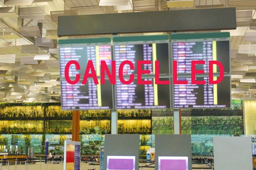  Flight information on digital  board showing status flight to the epidemic city  with high spread of the COVID-19 are cancelled .