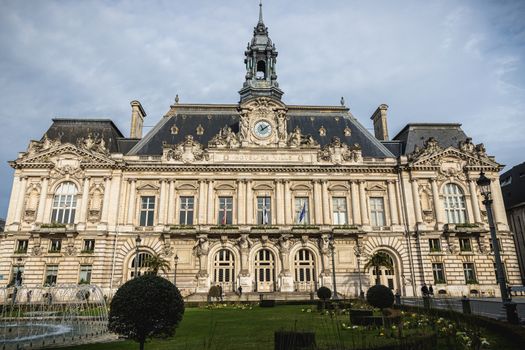 Tours, France - February 8, 2020: architectural detail and street atmosphere in front of the town hall in the historic city center on a winter day