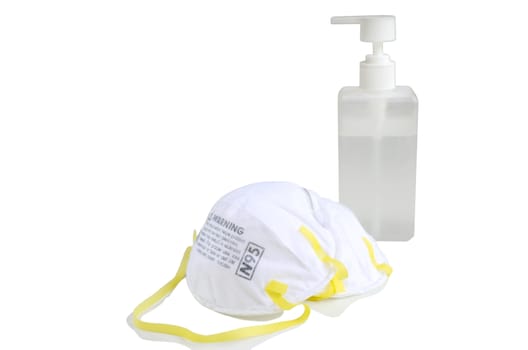 N95 respirator  with alcohol sanitizer gel isolated on white background for covid-19 Coronavirus prevention concept.