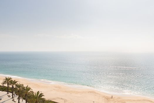 aerial view of Sesimbra beach, Portugal with palm trees and fine sand