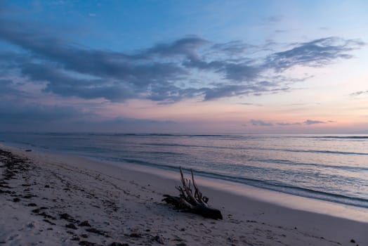 Sunset view at tropical island beach with old piece of wood in foreground