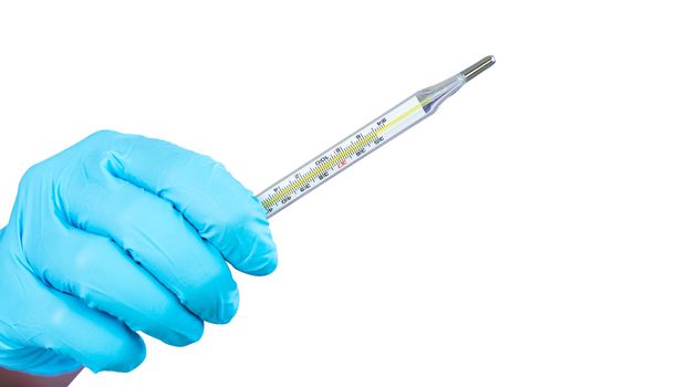 The doctor's hand is holding mercury to measure fever dicut isolate on white background with Clipping path