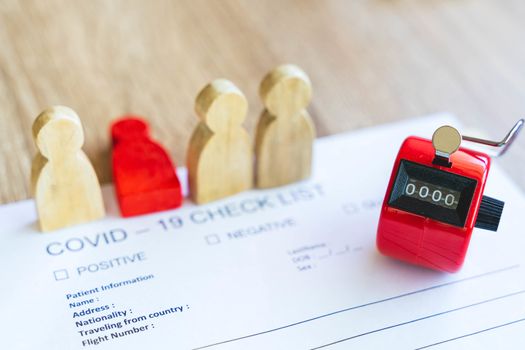 COVID19 Check List and blood test tube to find corona virus with hand counter to count on infected people during the corona virus outbreak in Epidemiology or infectious concept