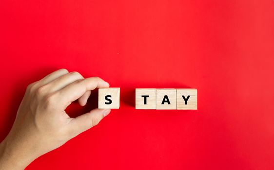 Hand hold on to the wood cube and text the word "Stay" In the concept, stay at home to stop the spread. During the corona virus outbreak or COVID-19 on red background