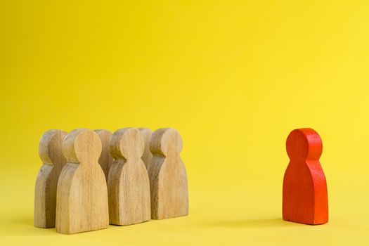 Group of wood figure Stand in rows and leaders standing forward in human resource management concepts Teamwork.Success Leadership, Business Progress and Competition on yellow backgrond and copy space