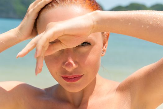 Closeup beauty Slim young woman relaxing at tropical islands