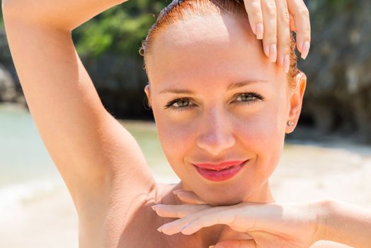 Closeup beauty Slim young woman relaxing at tropical islands