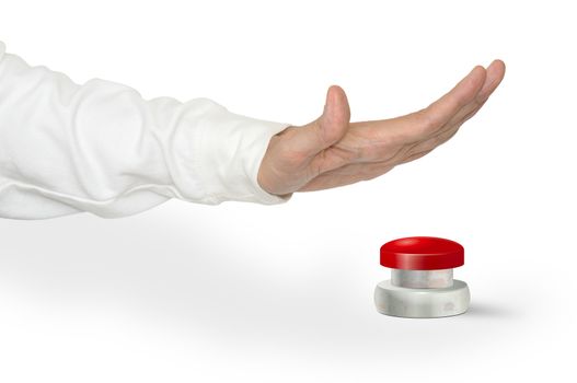 A man pushing a big red start/stop/alarm button with the palm of hand