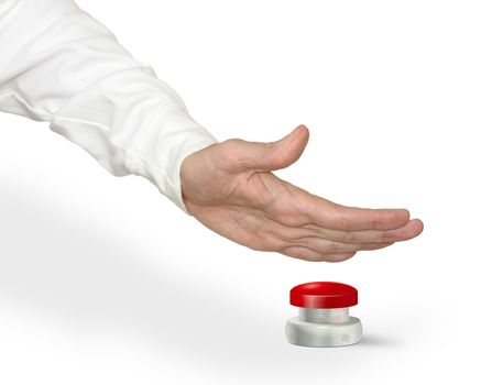 A man pushing a big red start/stop/alarm button with the palm of hand