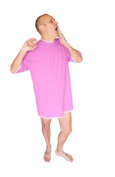 Man in pink nightdress, waking up and yawning, on white background