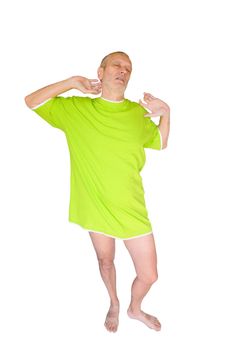 Man in green nightdress, waking up and yawning, on white background