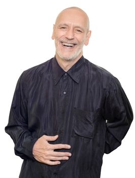 Man with black silk shirt laughing out loud, isolated on white background