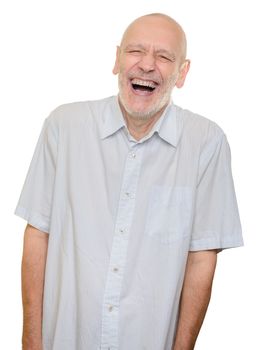 Man with light cotton shirt laughing out loud, isolated on white background