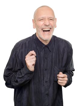 Man with black silk shirt laughing out loud, isolated on white background