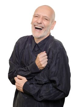 Man with black silk shirt laughing out loud, isolated on white background