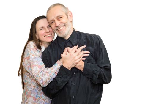 Happy adult man and woman with long hair smiling for S. Valentine's day or anniversary and embracing each other. Isolated on white background.