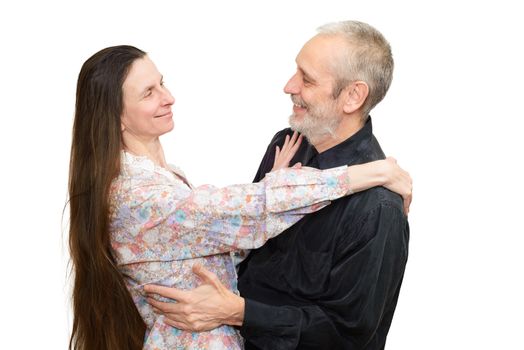 Adult man and woman with long hair looking at each other with love, eyes in eyes, for S. Valentine's day or anniversary. Isolated on white background.