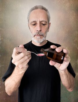 A mature man is pouring cough syrup in a spoon to cure his sore throat and bronchitis