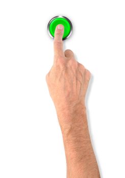 A man pushing a big green start stop alarm button with the finger
