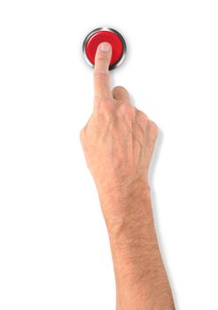 A man pushing a big red start stop alarm button with the finger