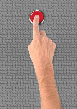 A man pushing a big red start stop alarm button with the finger
